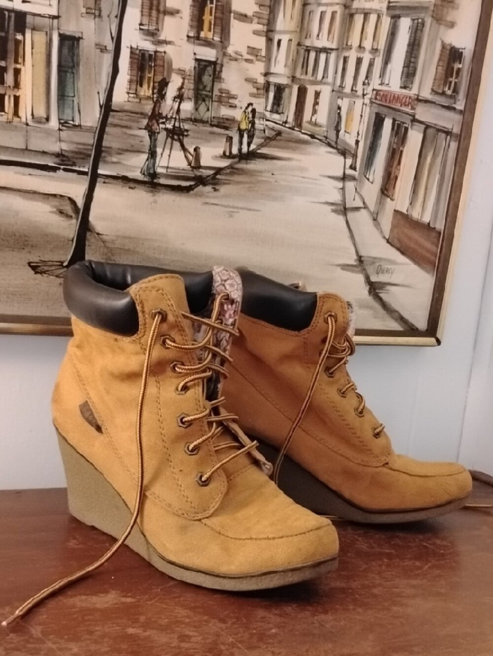 Rock & Candy Mustard Tan Suede Wedge Lace-Up Booties - Picture 3 of 5